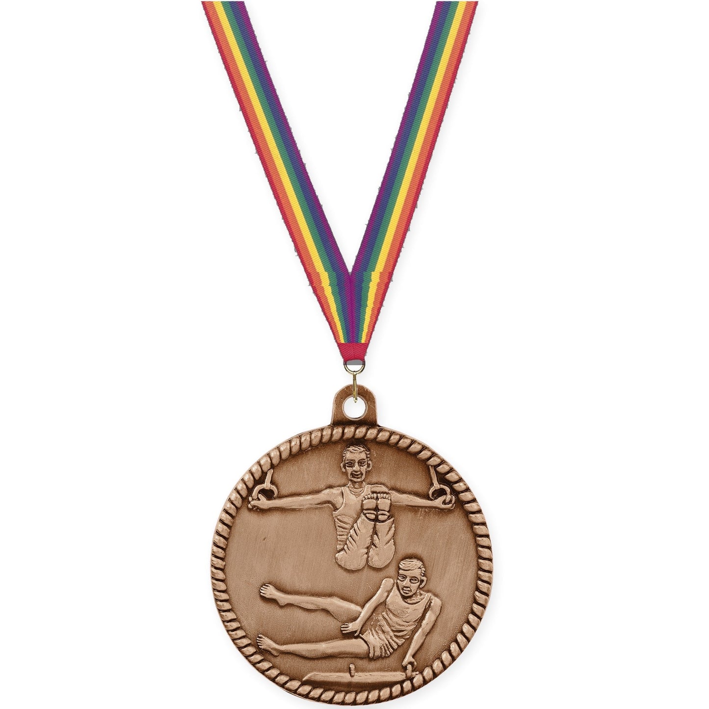 2 inch gymnastics High Relief medal in antique bronze with Rainbow neck ribbon