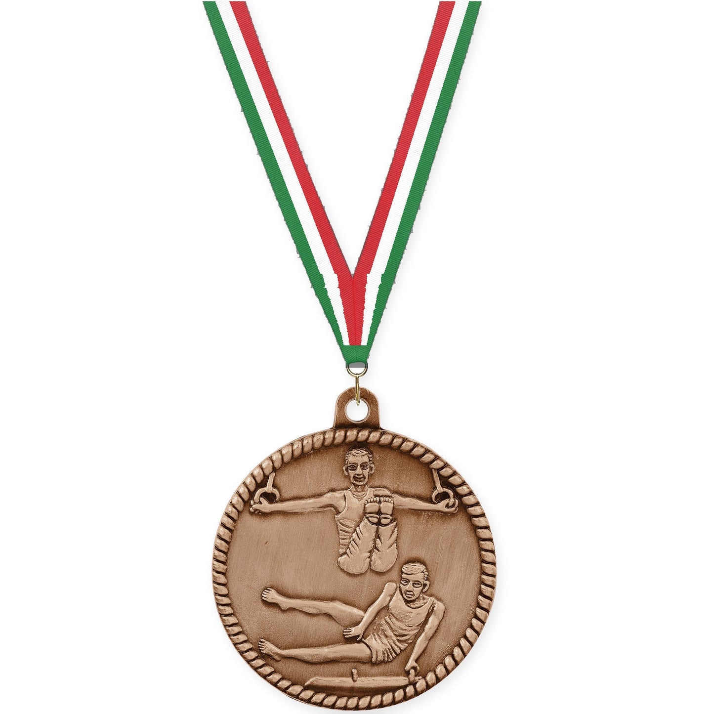 2 inch gymnastics High Relief medal in antique bronze with Green White Red neck ribbon
