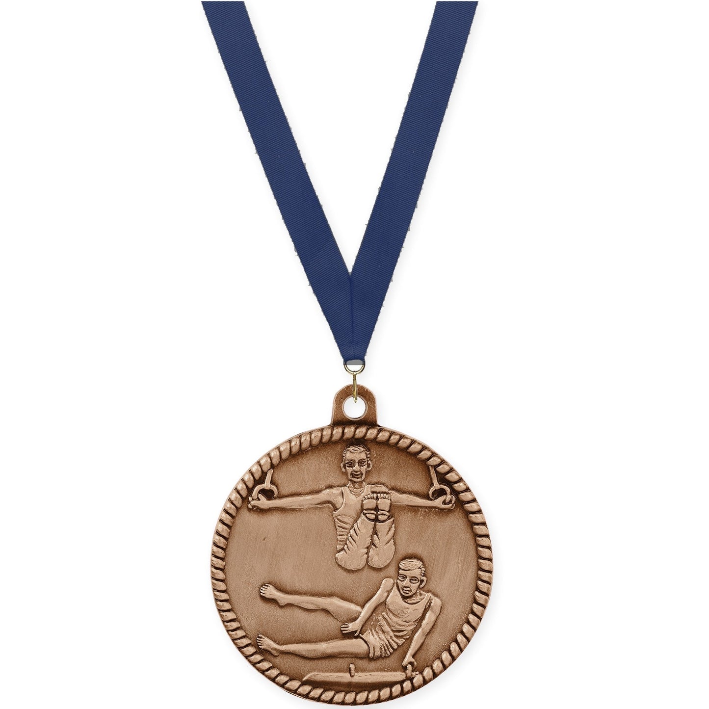 2 inch gymnastics High Relief medal in antique bronze with Navy neck ribbon