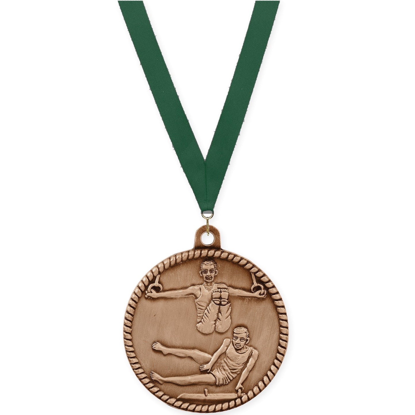 2 inch gymnastics High Relief medal in antique bronze with Hunter Green neck ribbon