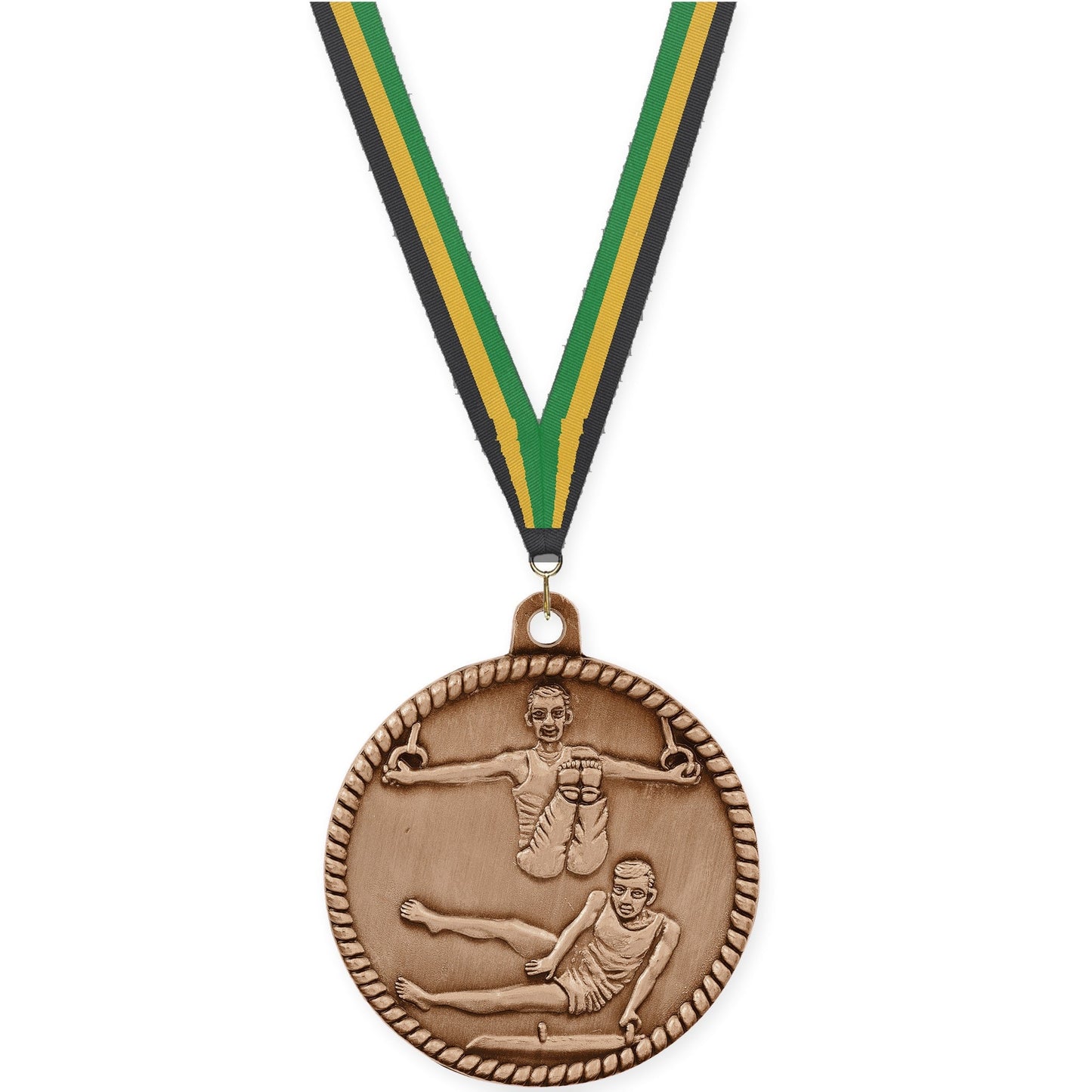 2 inch gymnastics High Relief medal in antique bronze with Black Gold Green neck ribbon