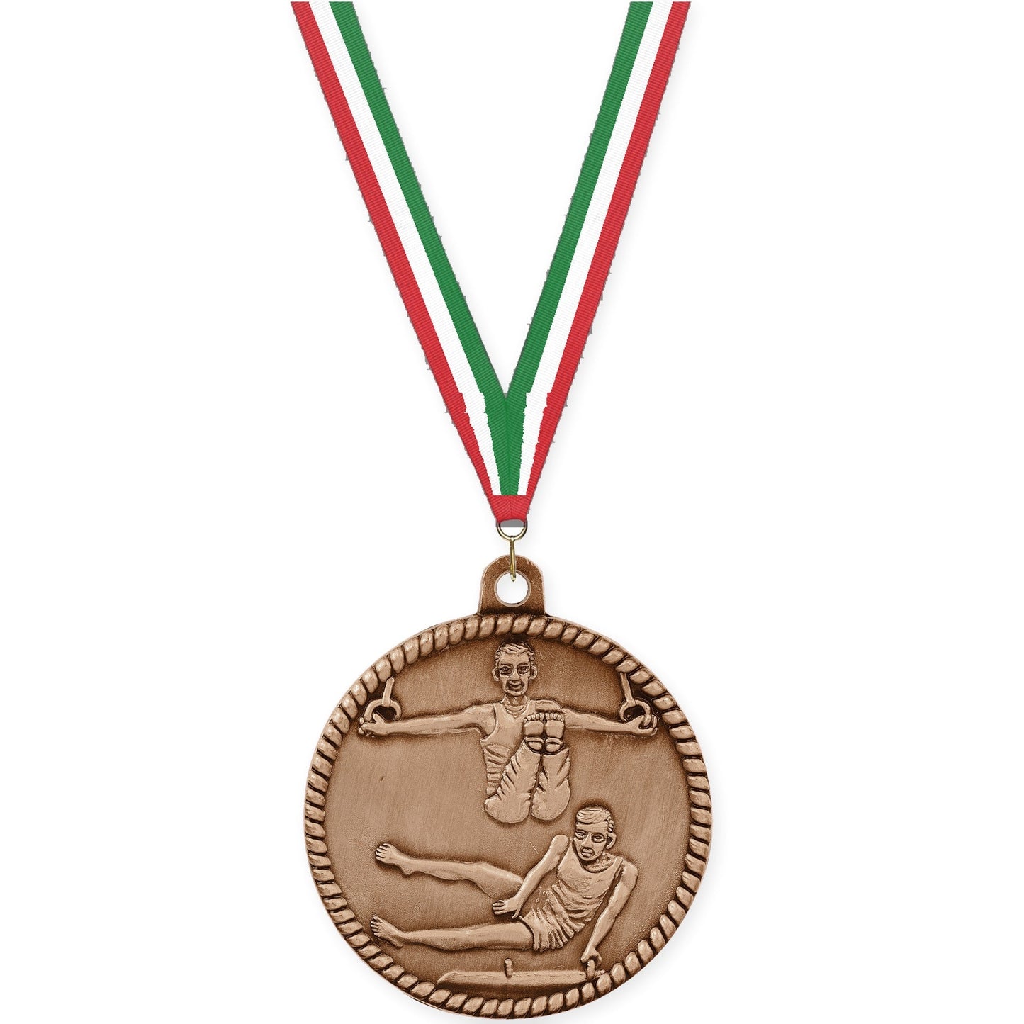 2 inch gymnastics High Relief medal in antique bronze with Red White Green neck ribbon