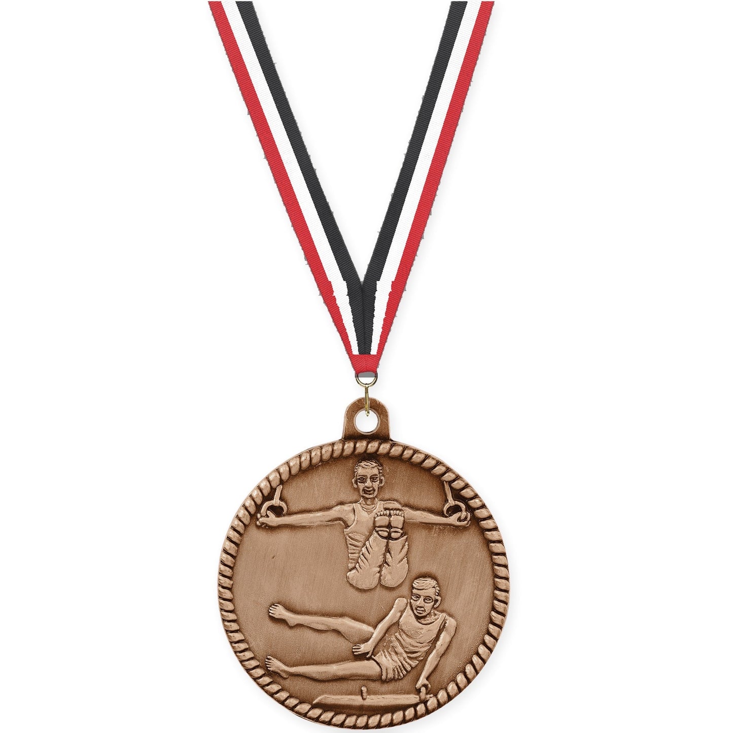 2 inch gymnastics High Relief medal in antique bronze with Red White Black neck ribbon