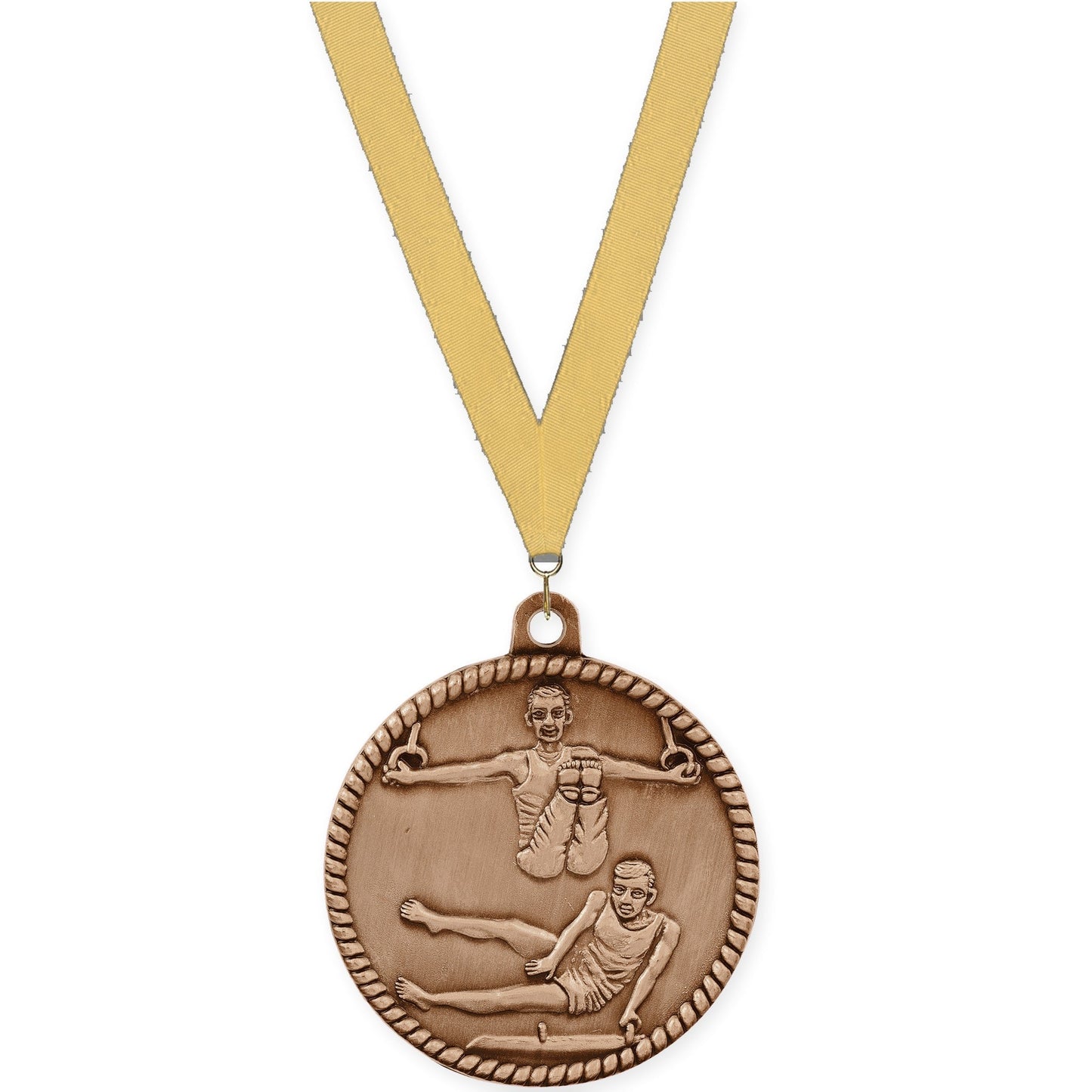 2 inch gymnastics High Relief medal in antique bronze with Gold Metallic neck ribbon