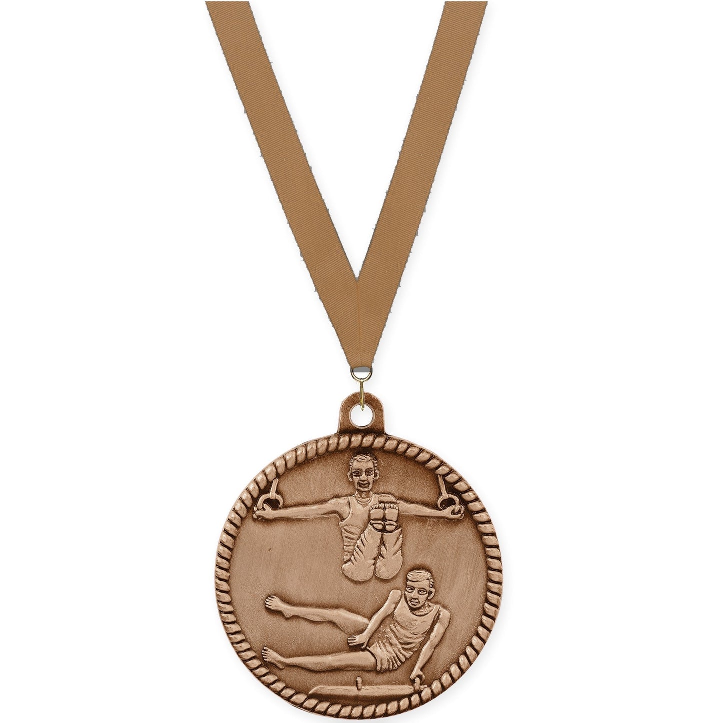 2 inch gymnastics High Relief medal in antique bronze with Bronze Metallic neck ribbon