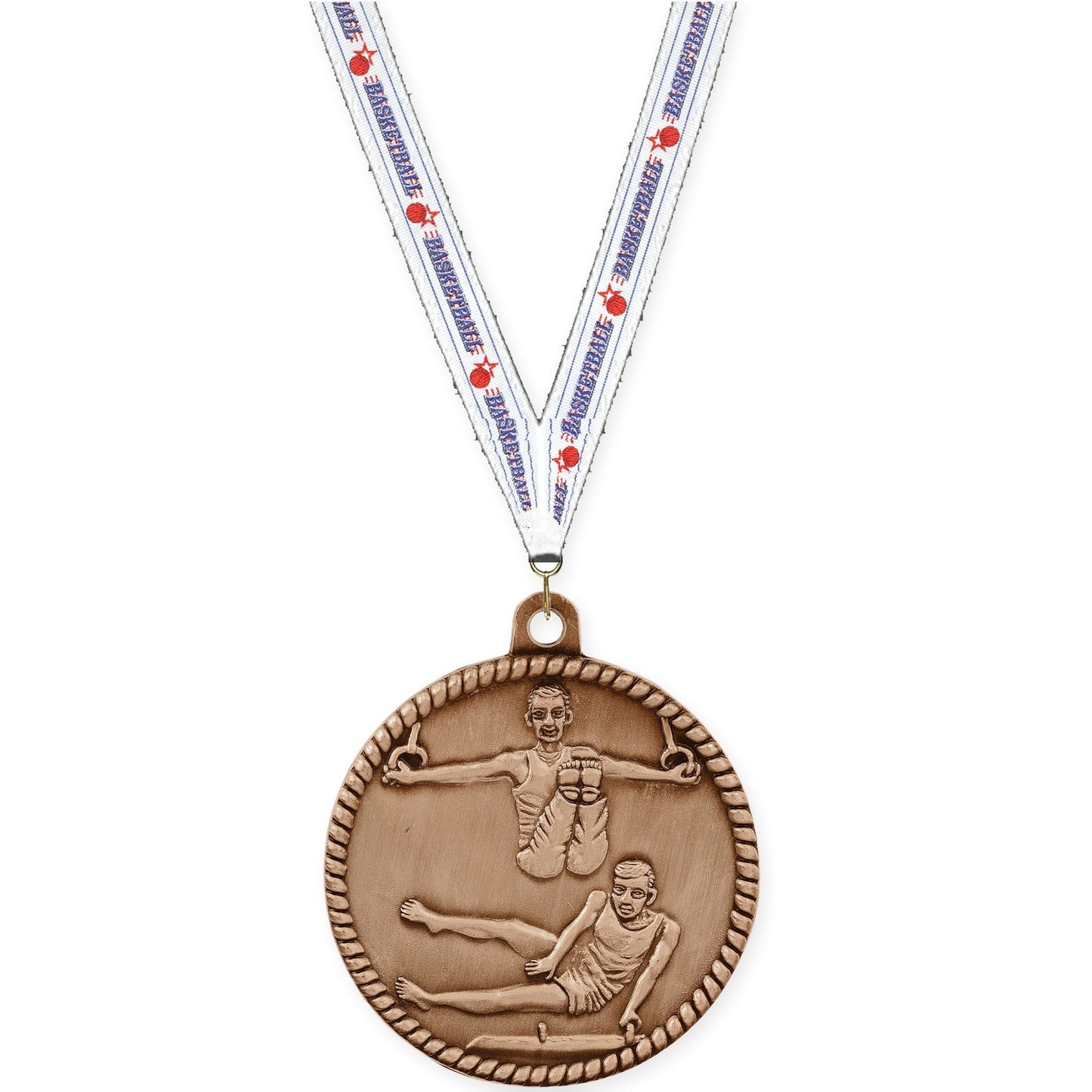 2 inch gymnastics High Relief medal in antique bronze with Basketball neck ribbon