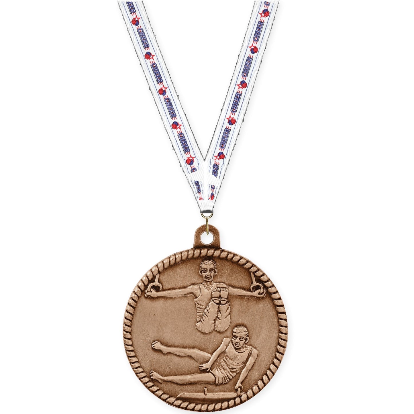 2 inch gymnastics High Relief medal in antique bronze with Cheerleading neck ribbon