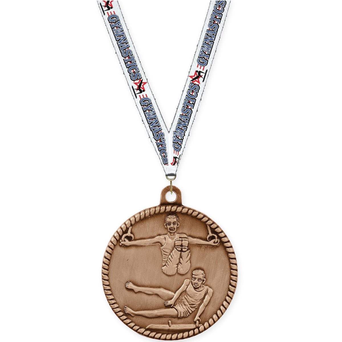 2 inch gymnastics High Relief medal in antique bronze with Gymnastics neck ribbon