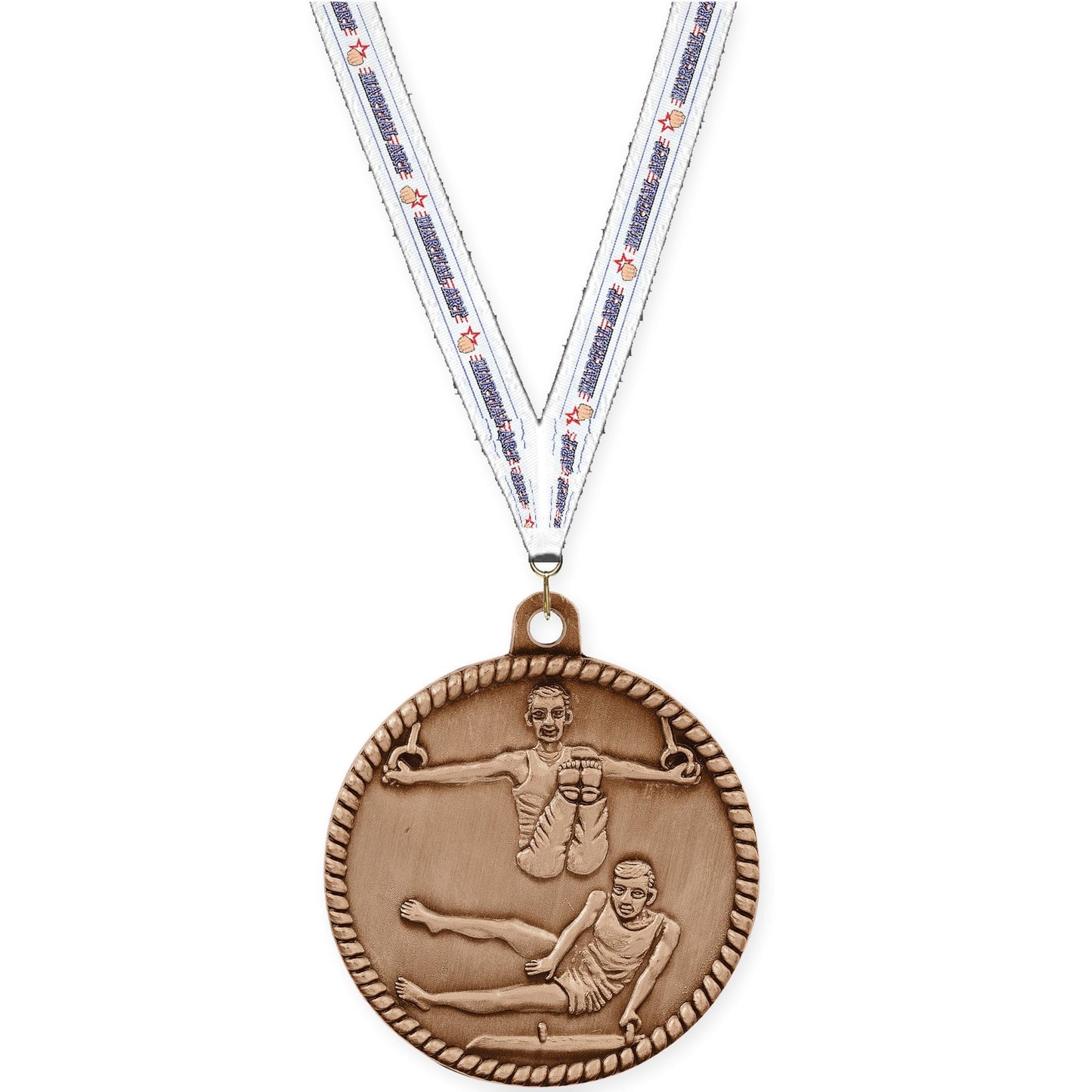 2 inch gymnastics High Relief medal in antique bronze with Martial Arts neck ribbon