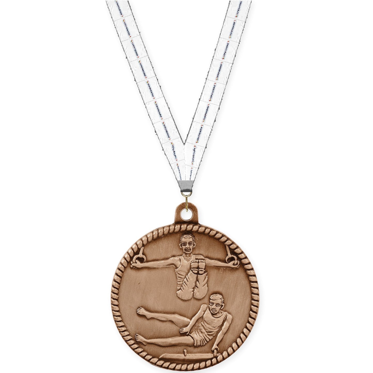 2 inch gymnastics High Relief medal in antique bronze with Lamp Of Knowledge neck ribbon