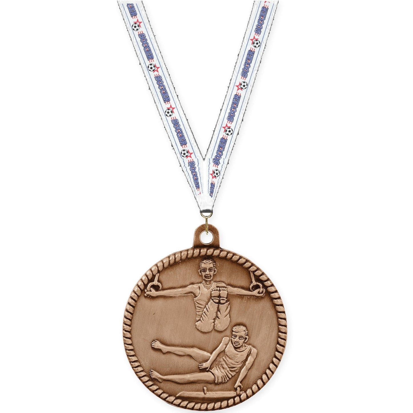 2 inch gymnastics High Relief medal in antique bronze with Soccer neck ribbon