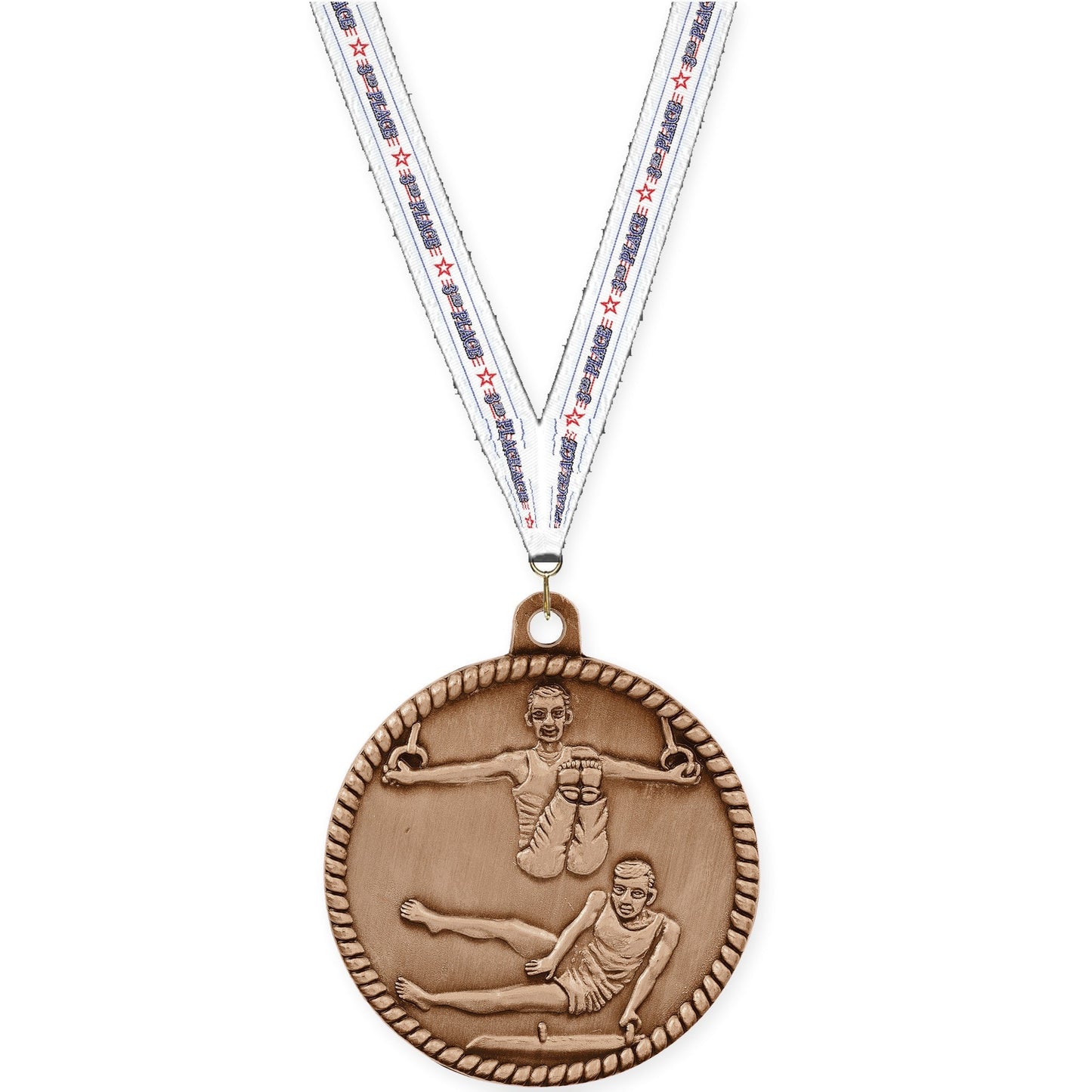 2 inch gymnastics High Relief medal in antique bronze with 3rd Place neck ribbon