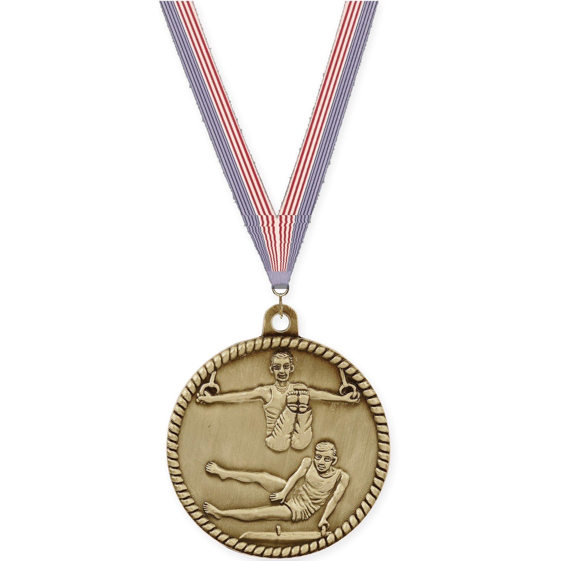 2 inch gymnastics High Relief medal in antique gold with USA Flag neck ribbon