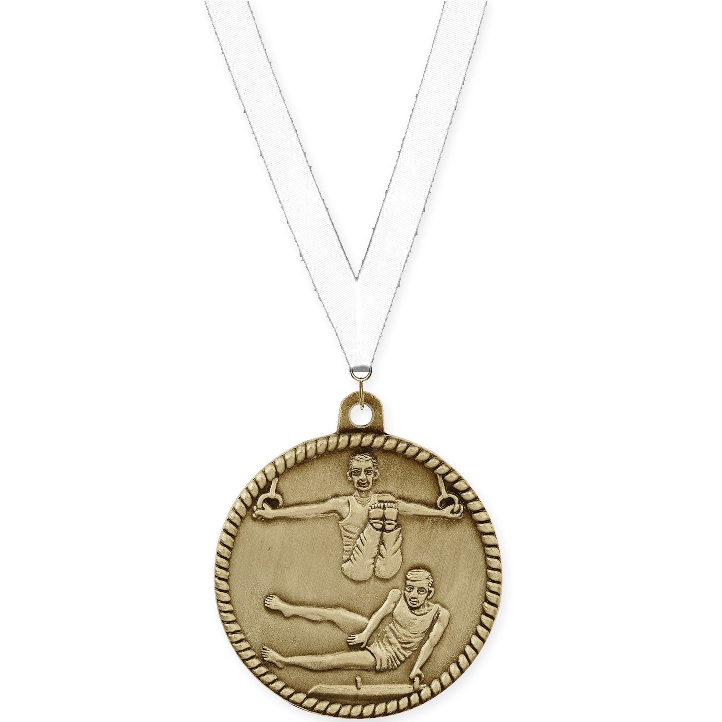 2 inch gymnastics High Relief medal in antique gold with White neck ribbon