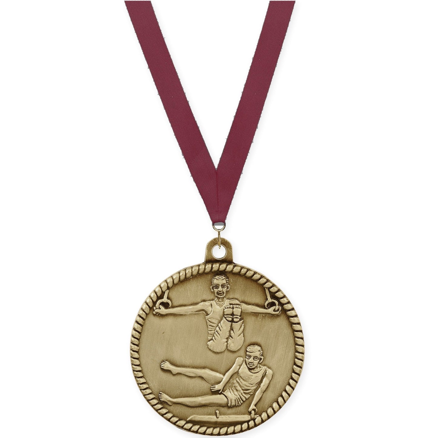2 inch gymnastics High Relief medal in antique gold with Maroon neck ribbon