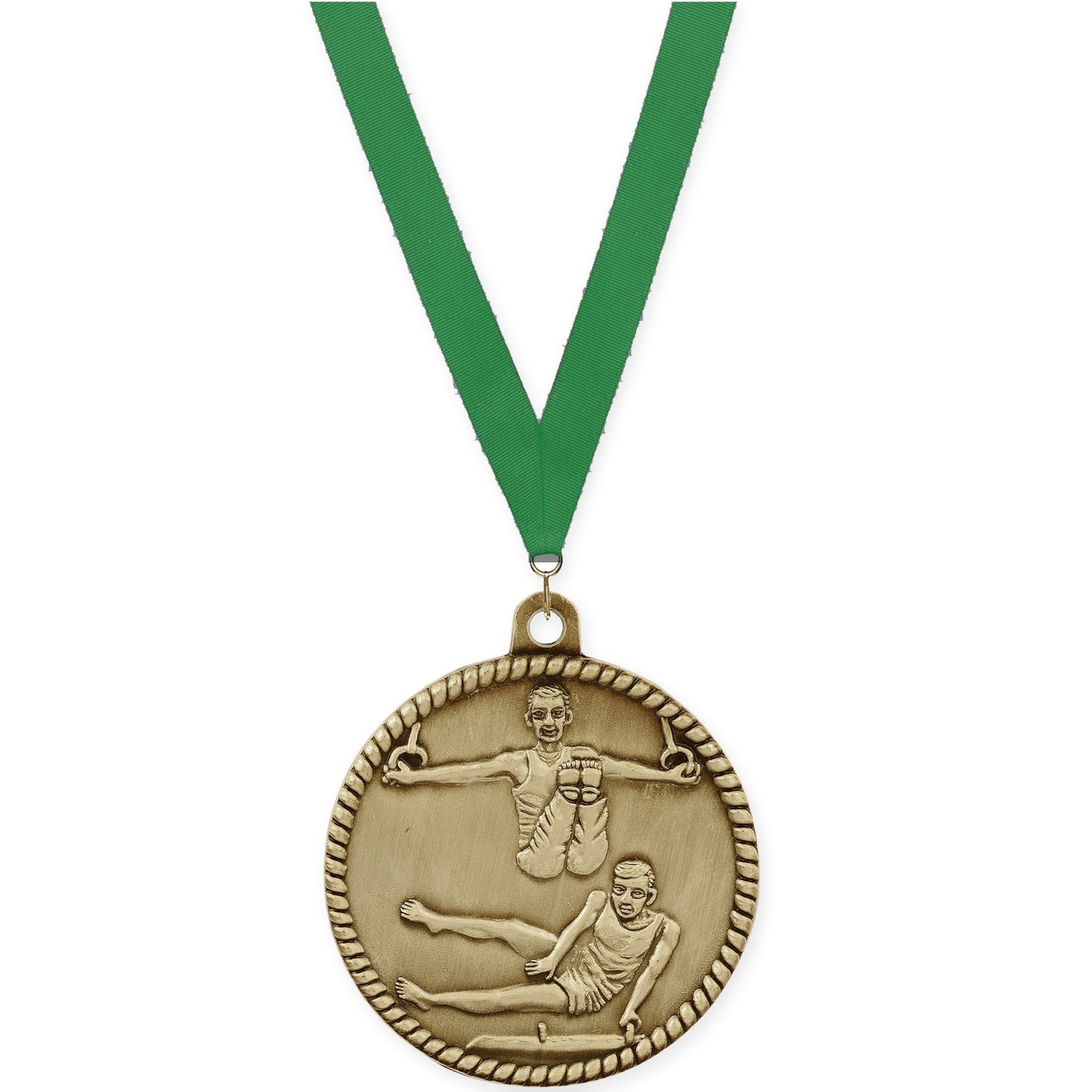 2 inch gymnastics High Relief medal in antique gold with Green neck ribbon