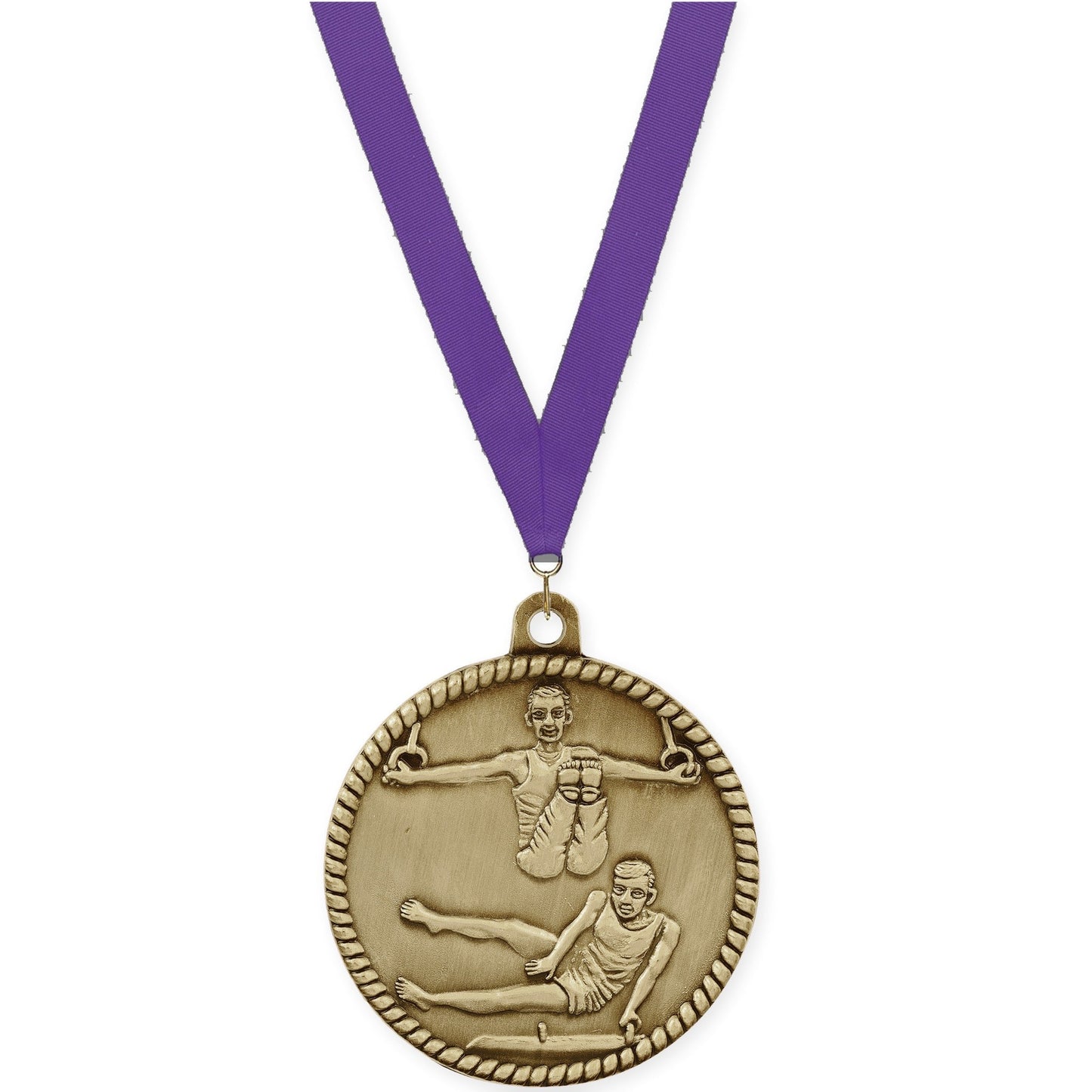 2 inch gymnastics High Relief medal in antique gold with Purple neck ribbon