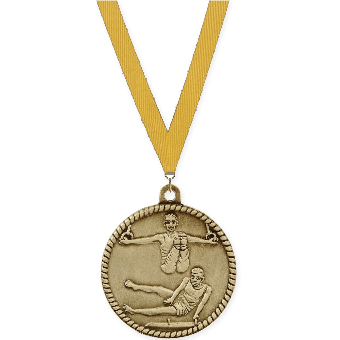 2 inch gymnastics High Relief medal in antique gold with Gold neck ribbon