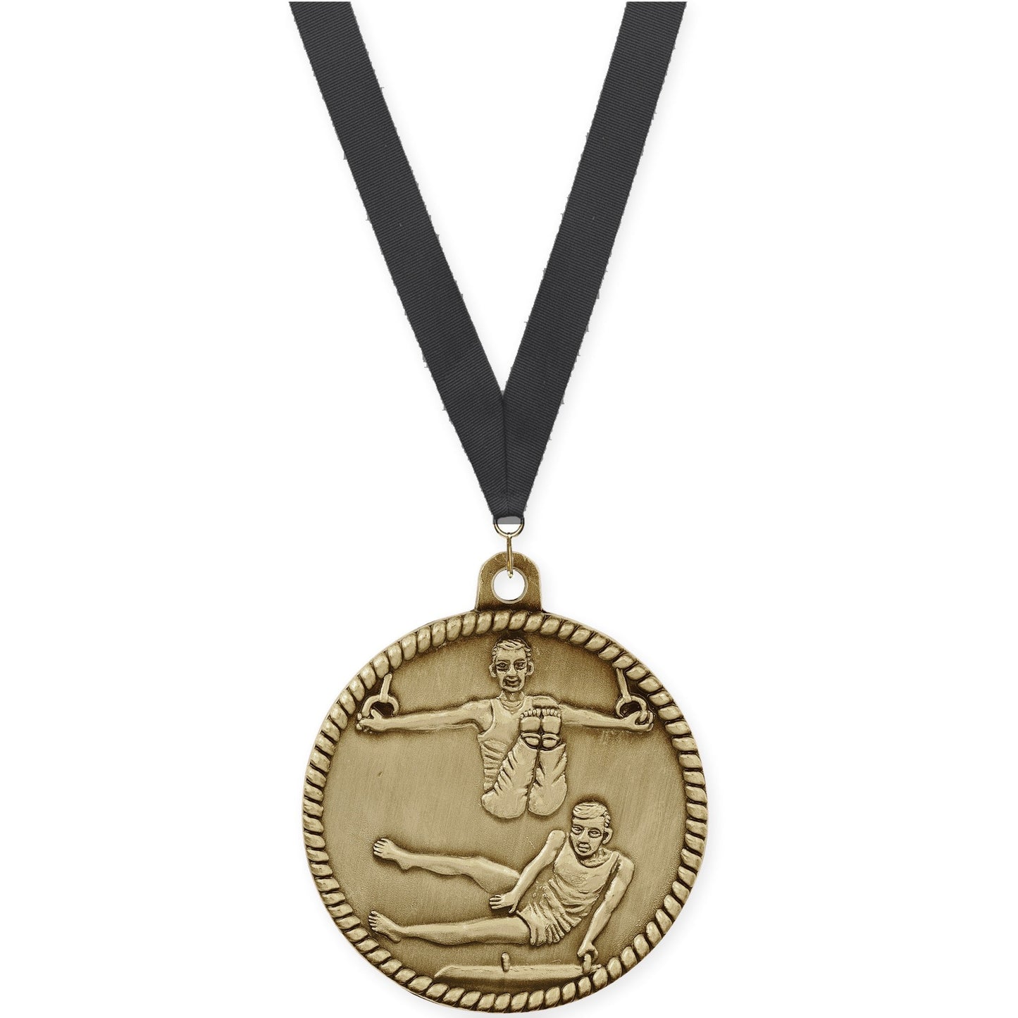 2 inch gymnastics High Relief medal in antique gold with Black neck ribbon
