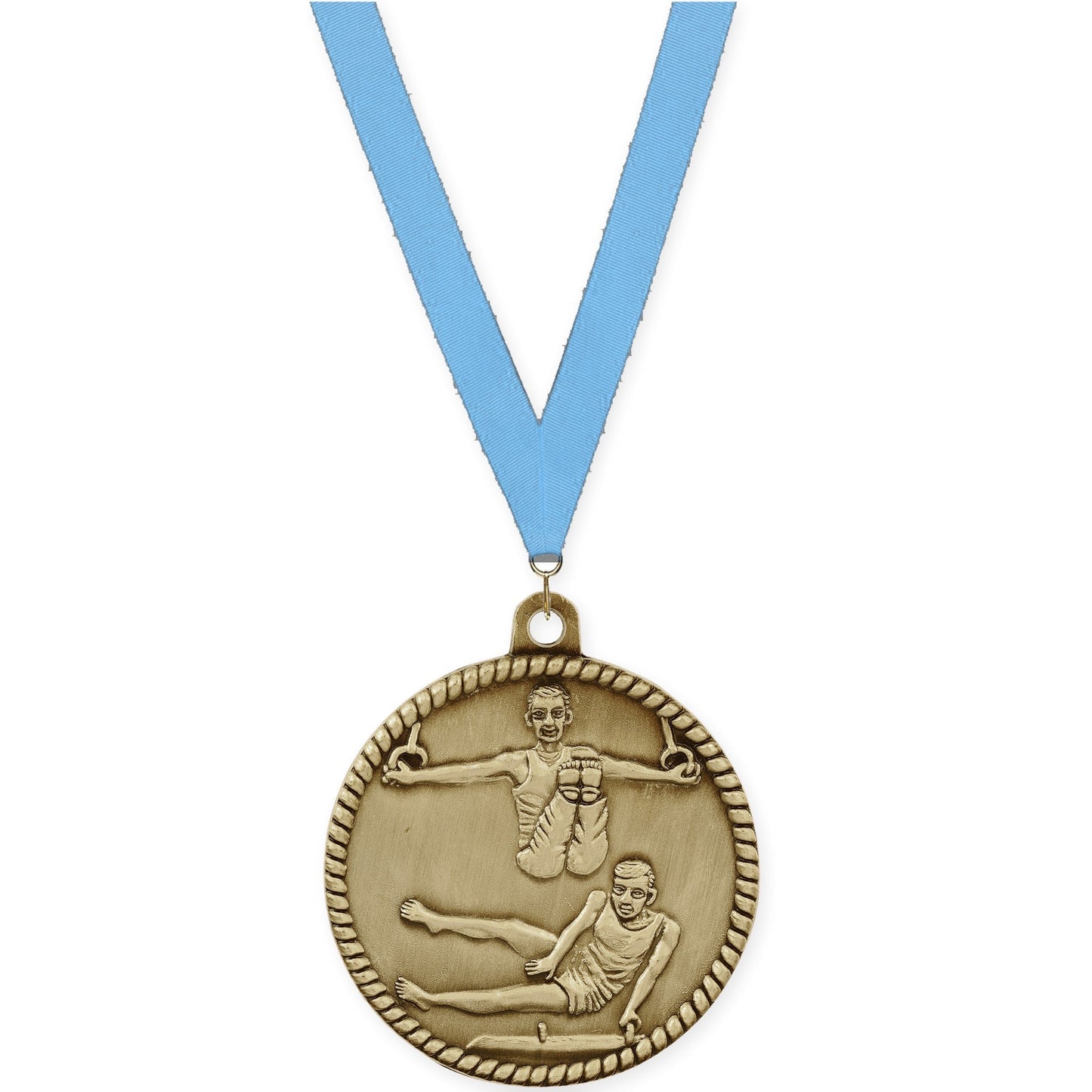 2 inch gymnastics High Relief medal in antique gold with Light Blue neck ribbon
