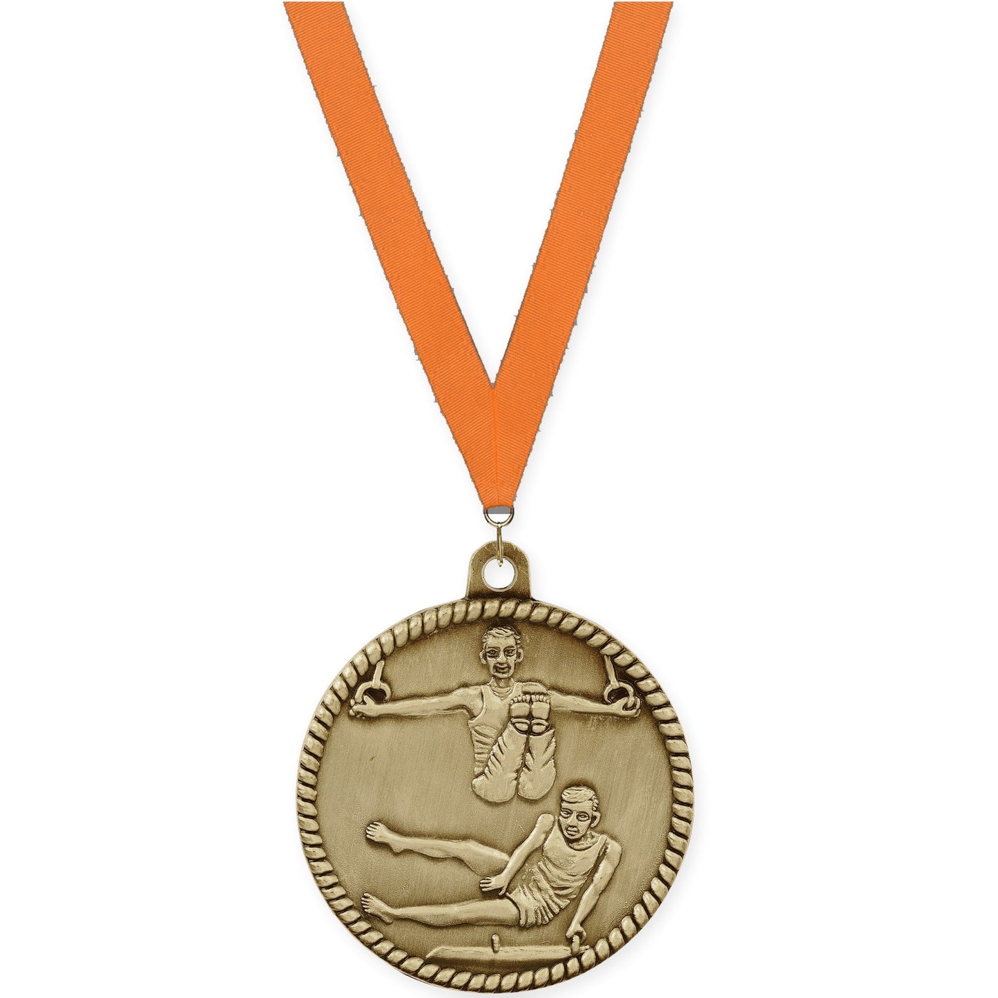 2 inch gymnastics High Relief medal in antique gold with Orange neck ribbon