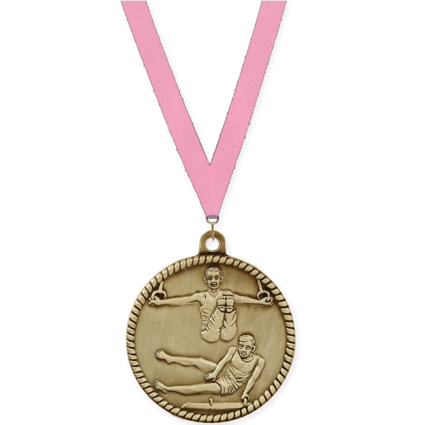 2 inch gymnastics High Relief medal in antique gold with Pink neck ribbon