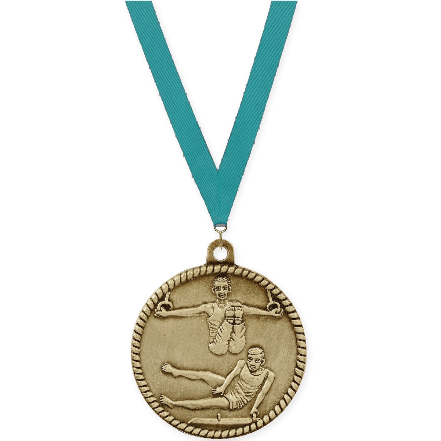 2 inch gymnastics High Relief medal in antique gold with Teal neck ribbon