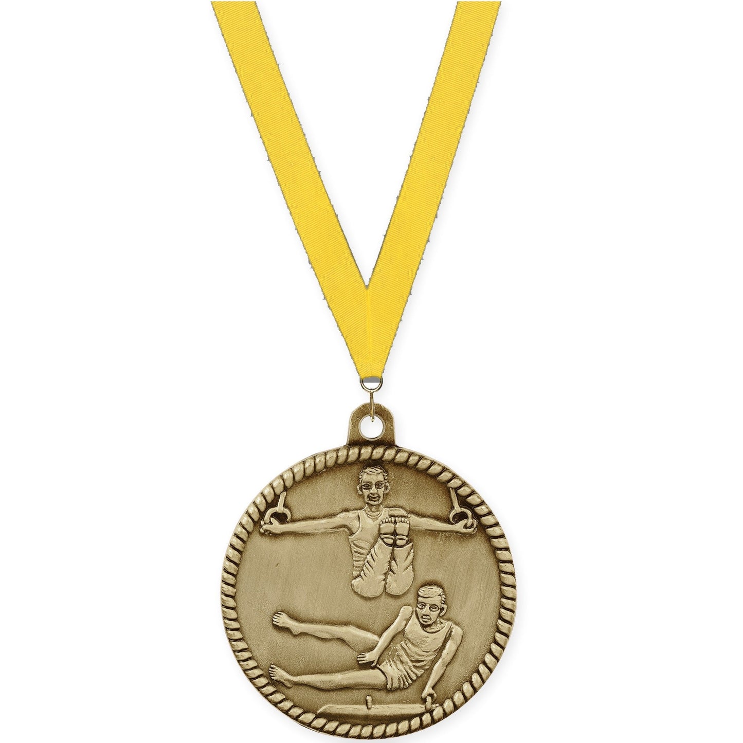 2 inch gymnastics High Relief medal in antique gold with Yellow neck ribbon
