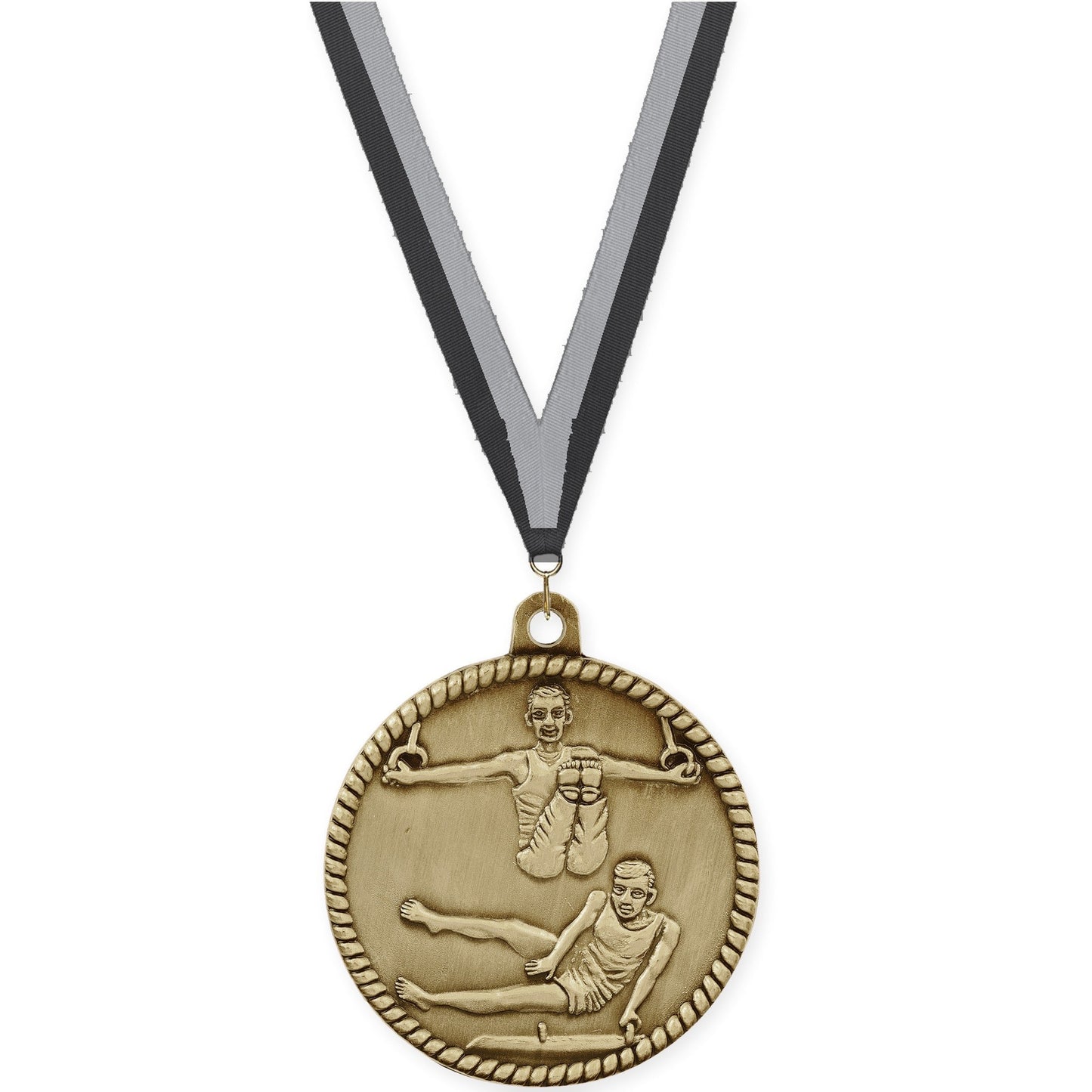 2 inch gymnastics High Relief medal in antique gold with Black Gray neck ribbon