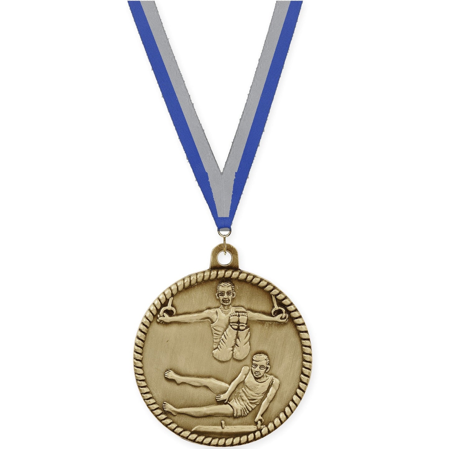 2 inch gymnastics High Relief medal in antique gold with Blue Gray neck ribbon