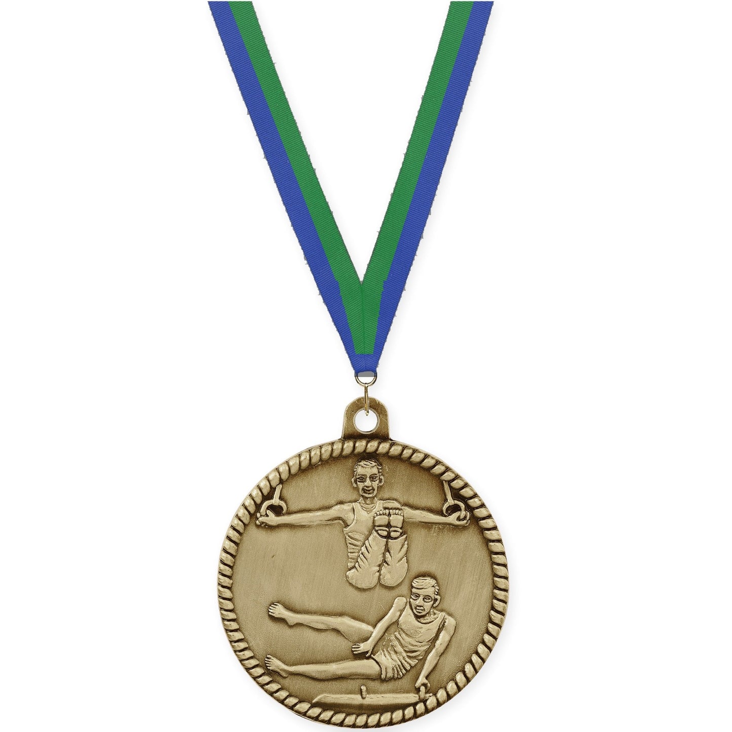 2 inch gymnastics High Relief medal in antique gold with Blue Green neck ribbon