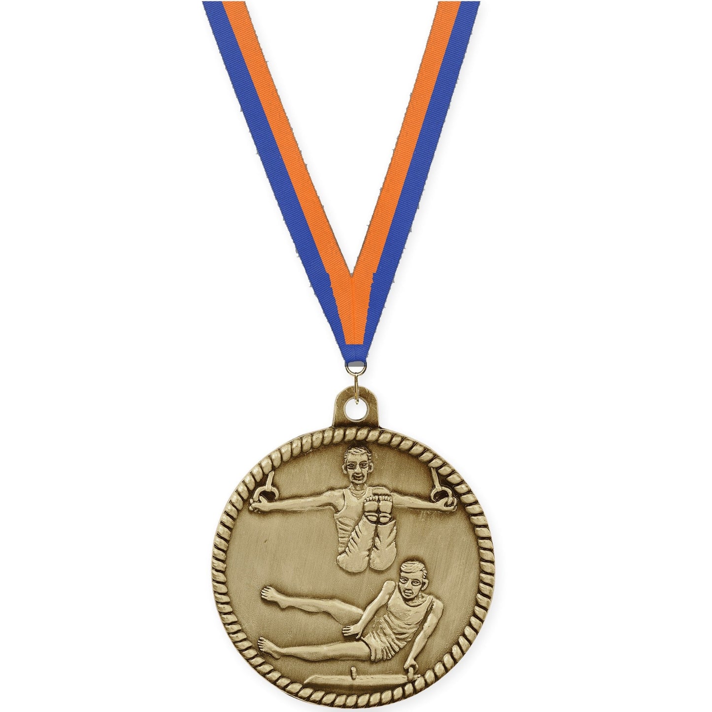 2 inch gymnastics High Relief medal in antique gold with Blue Orange neck ribbon