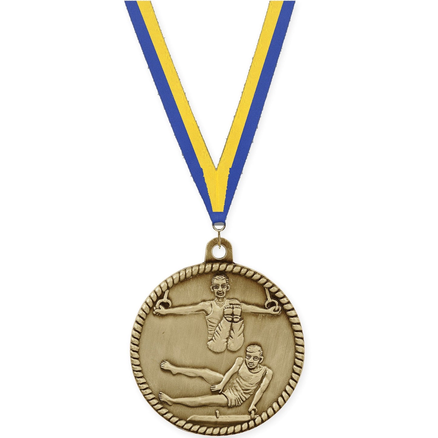 2 inch gymnastics High Relief medal in antique gold with Blue Yellow neck ribbon