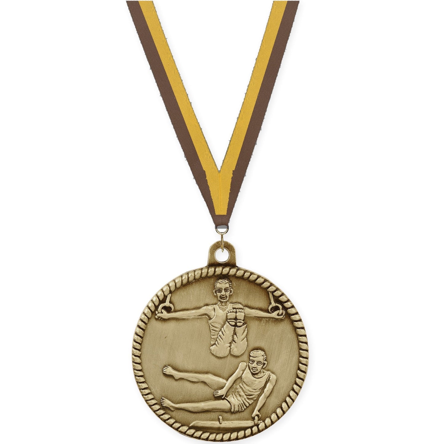 2 inch gymnastics High Relief medal in antique gold with Brown Gold neck ribbon
