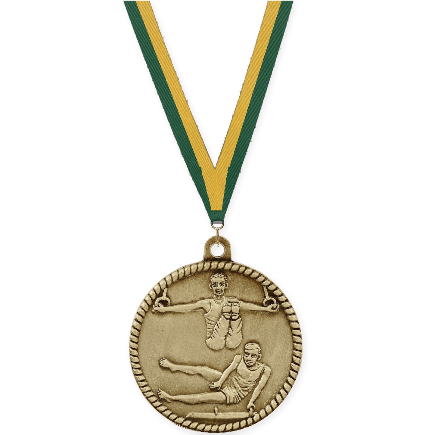 2 inch gymnastics High Relief medal in antique gold with Hunter Green Gold neck ribbon