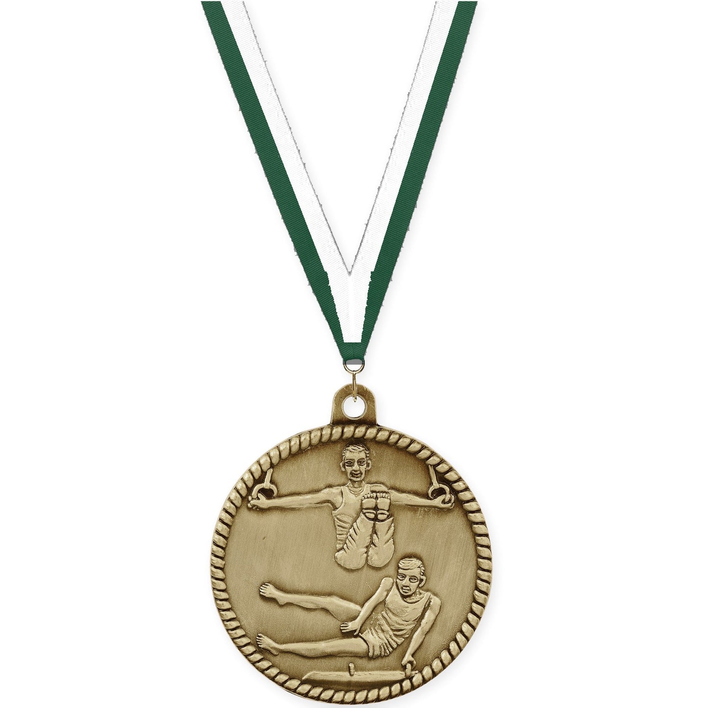 2 inch gymnastics High Relief medal in antique gold with Hunter Green White neck ribbon