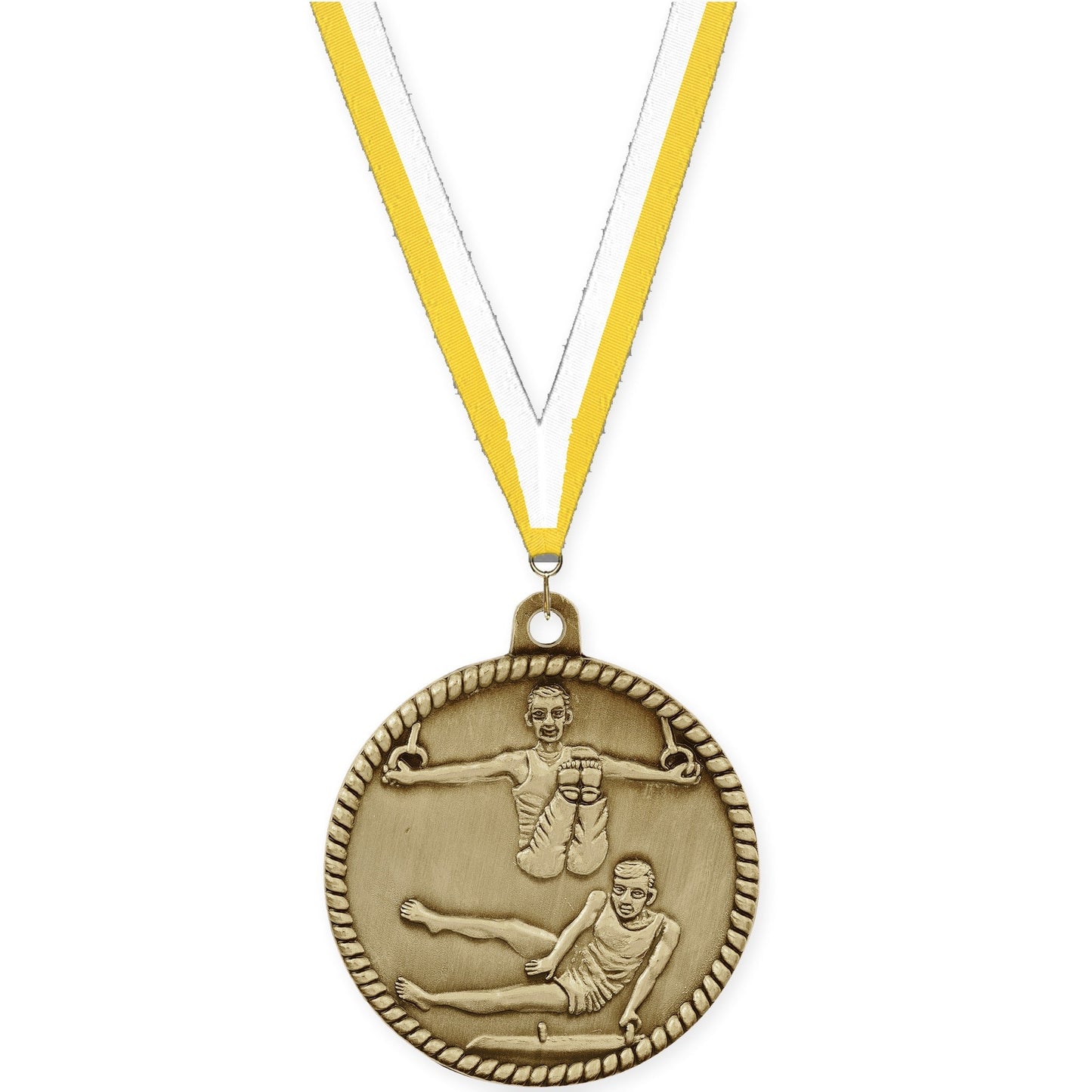 2 inch gymnastics High Relief medal in antique gold with Yellow White neck ribbon