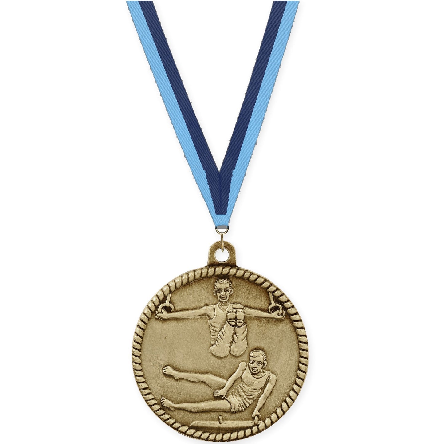 2 inch gymnastics High Relief medal in antique gold with Light Blue Navy neck ribbon