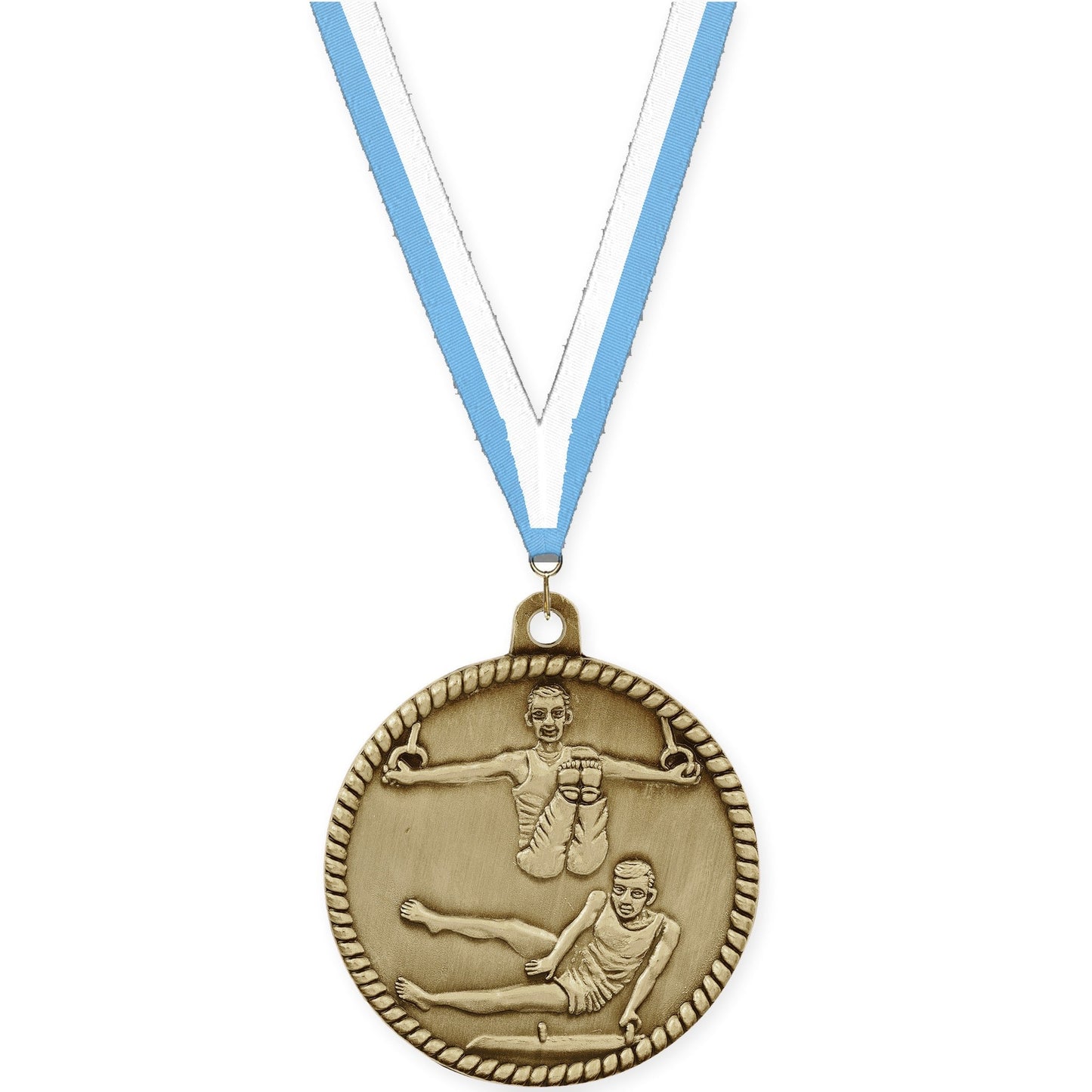 2 inch gymnastics High Relief medal in antique gold with Light Blue White neck ribbon