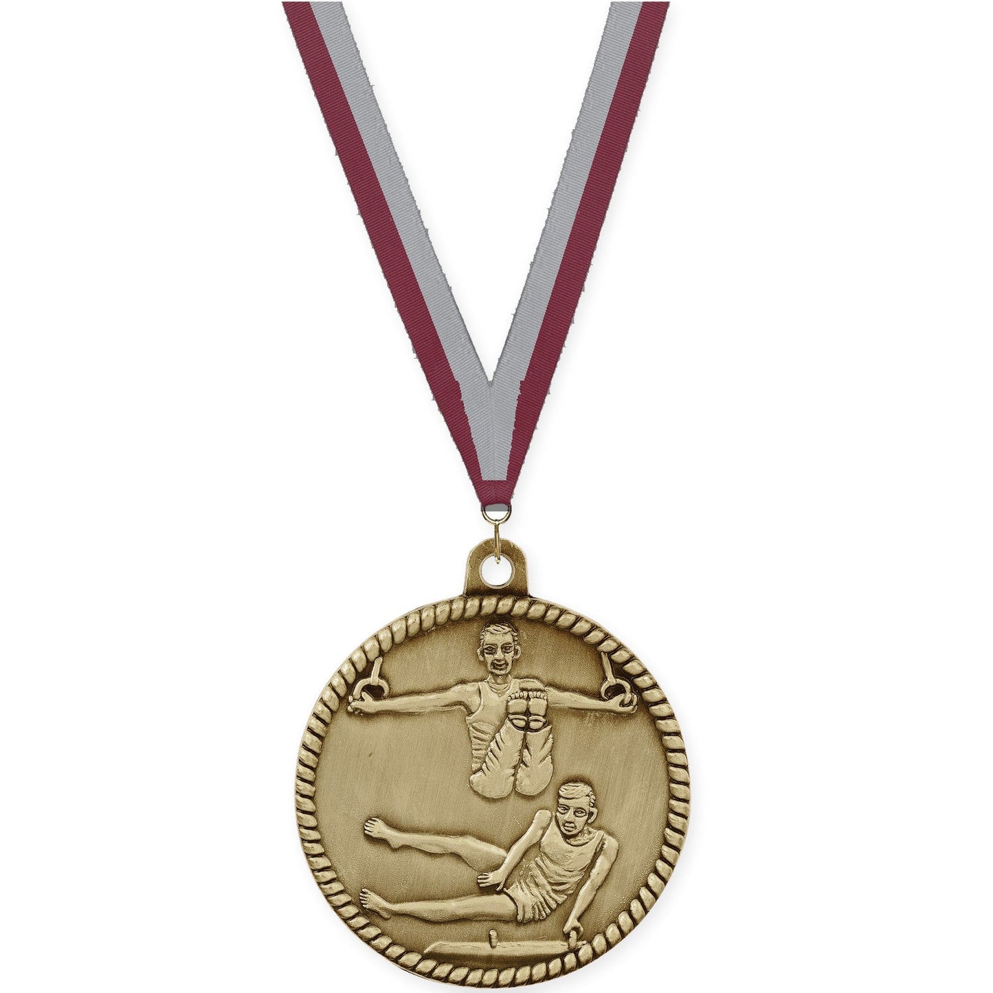 2 inch gymnastics High Relief medal in antique gold with Maroon Gray neck ribbon