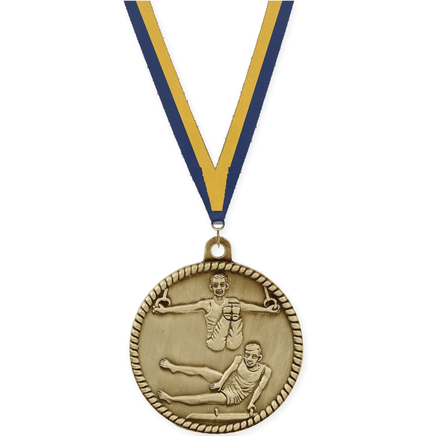 2 inch gymnastics High Relief medal in antique gold with Navy Gold neck ribbon