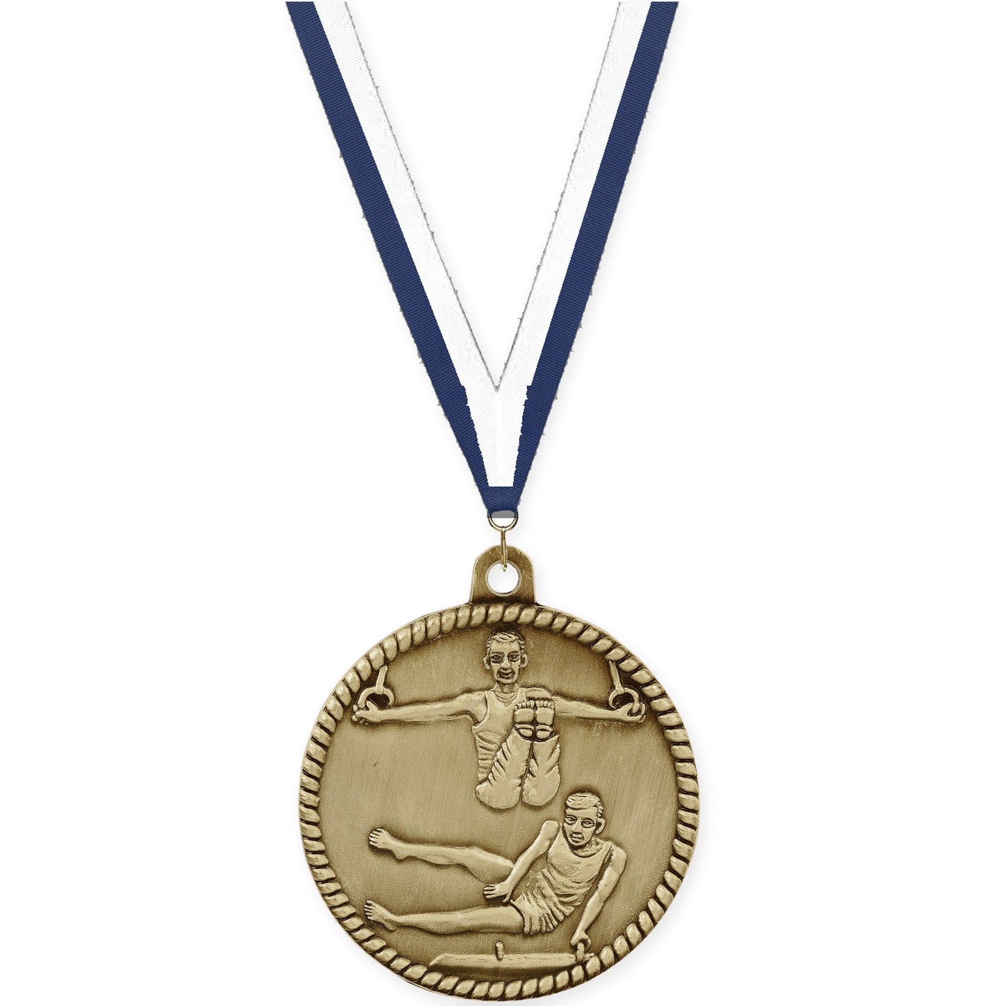 2 inch gymnastics High Relief medal in antique gold with Navy White neck ribbon