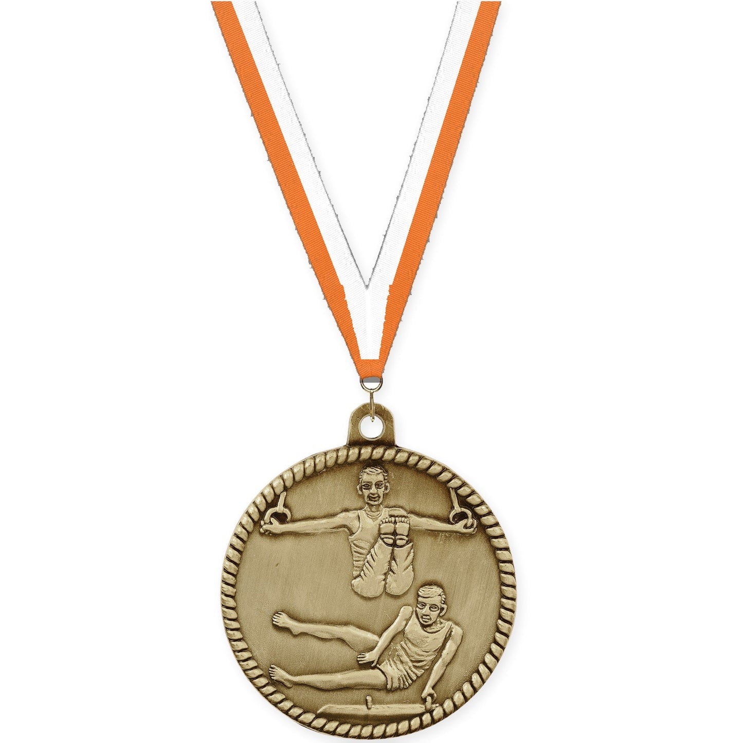2 inch gymnastics High Relief medal in antique gold with Orange White neck ribbon