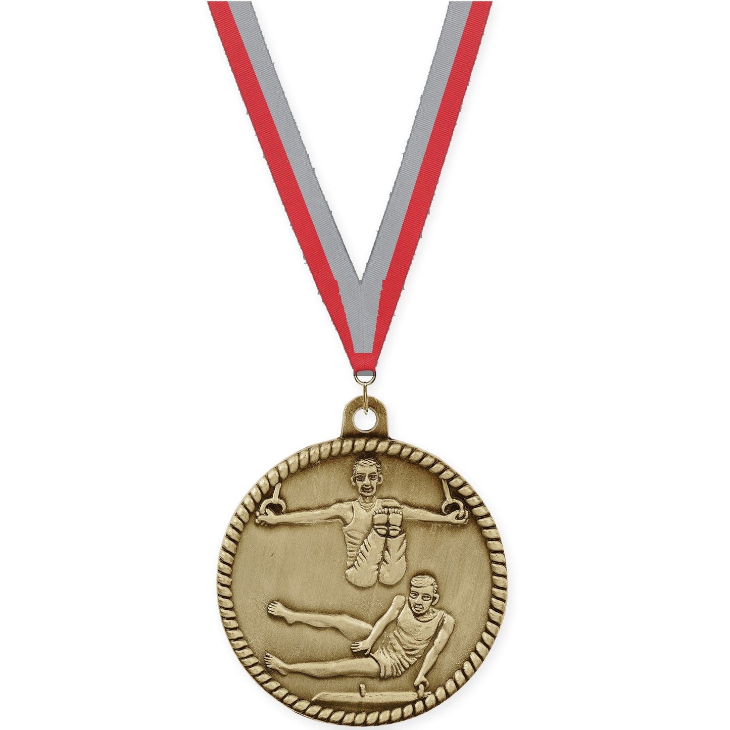 2 inch gymnastics High Relief medal in antique gold with Red Gray neck ribbon
