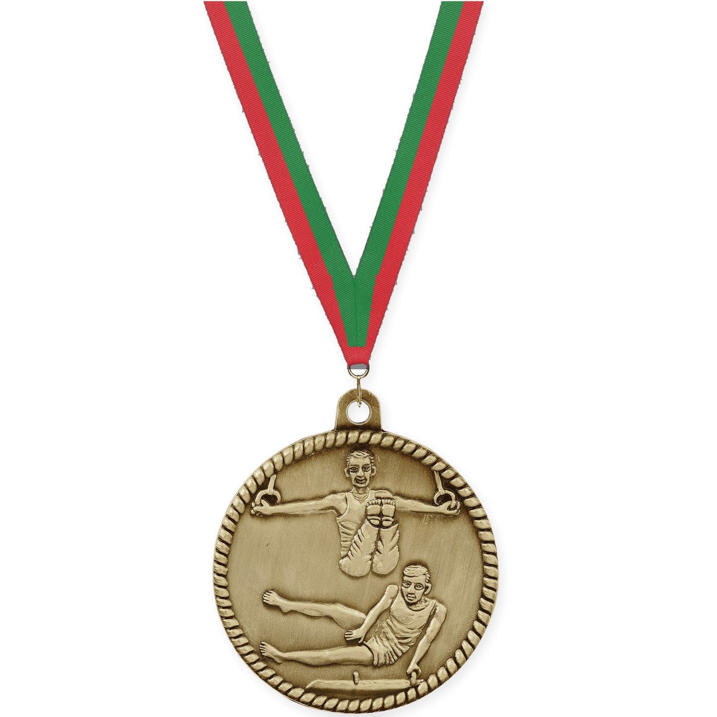 2 inch gymnastics High Relief medal in antique gold with Red Green neck ribbon