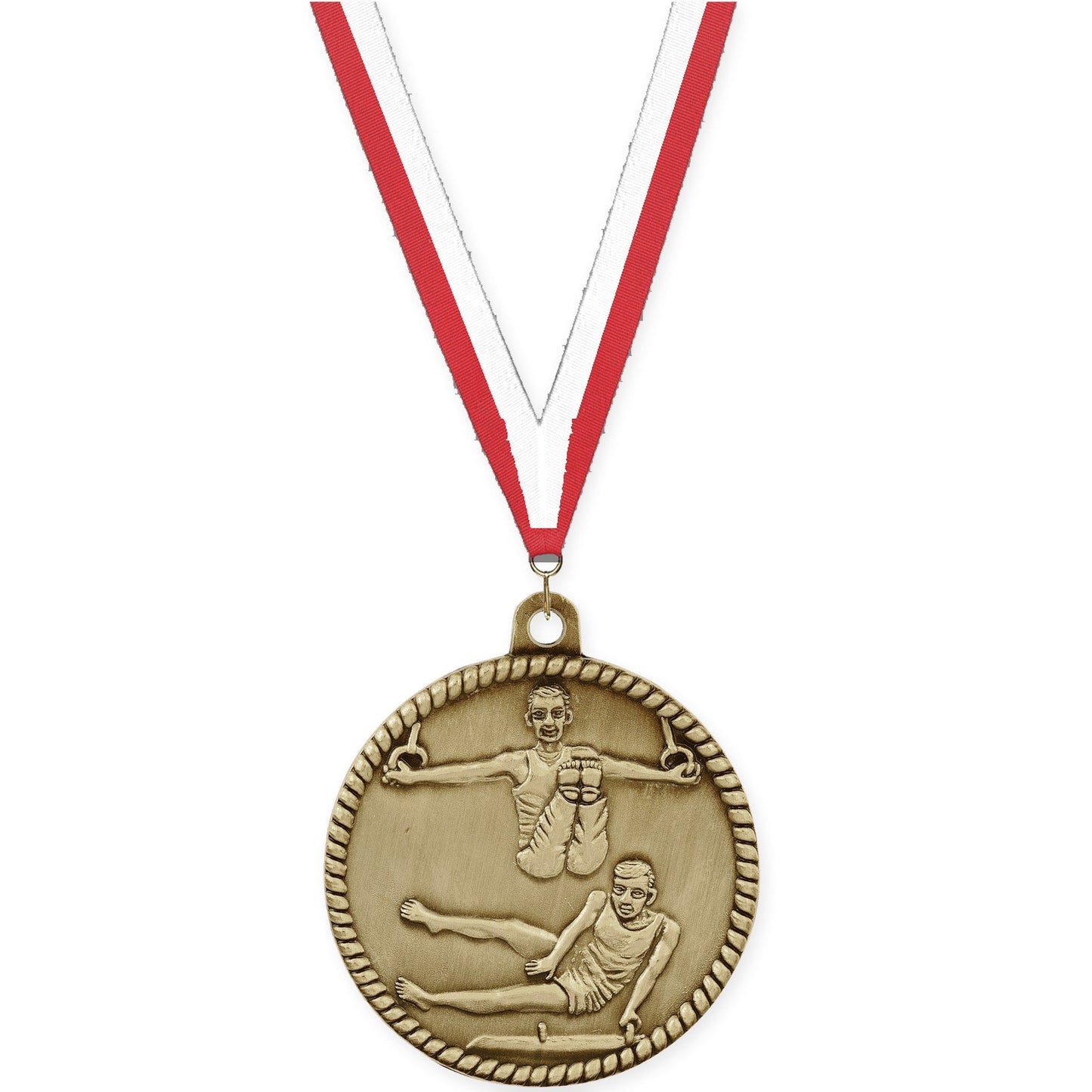 2 inch gymnastics High Relief medal in antique gold with Red White neck ribbon