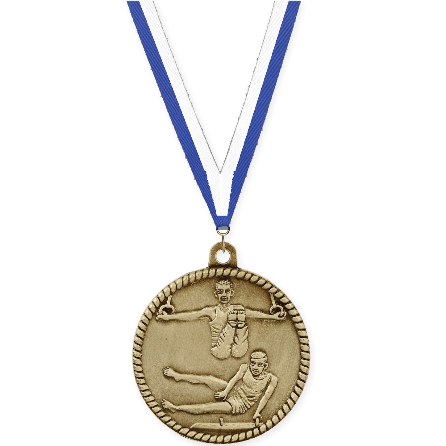 2 inch gymnastics High Relief medal in antique gold with Blue White neck ribbon