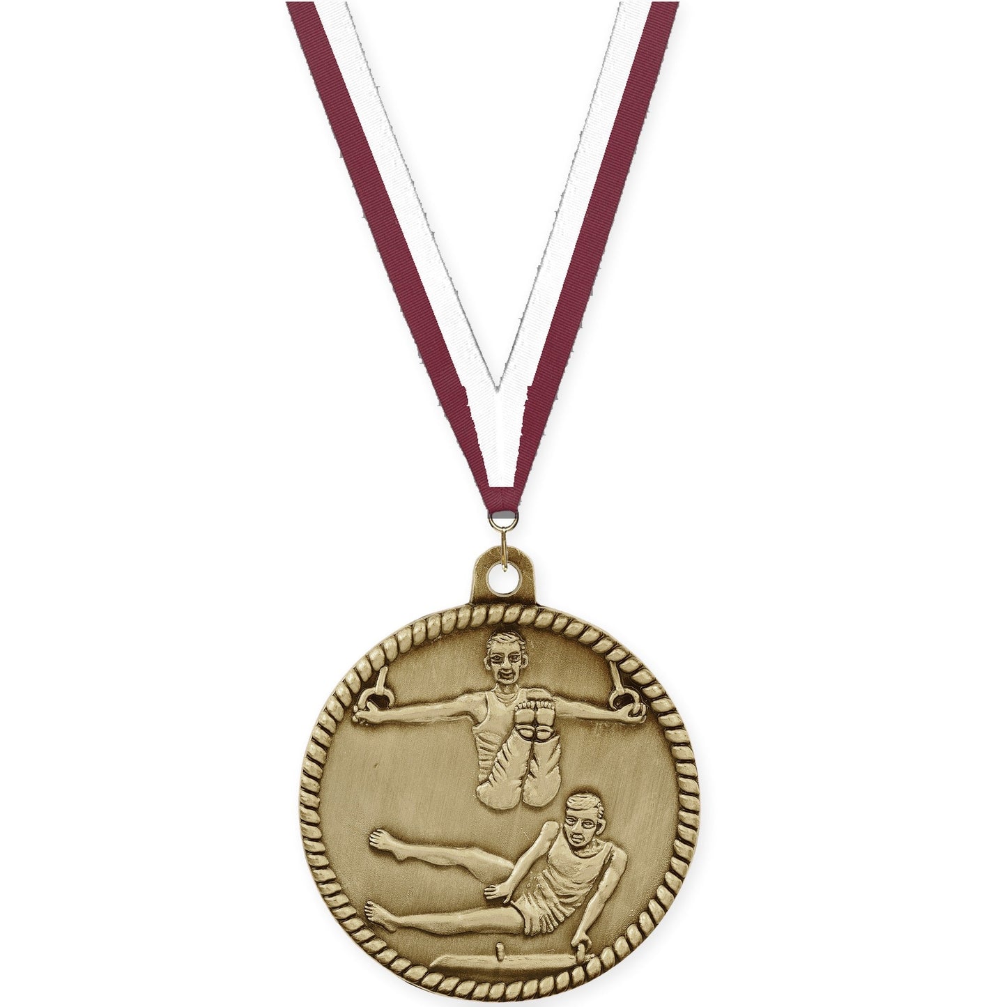 2 inch gymnastics High Relief medal in antique gold with Maroon White neck ribbon