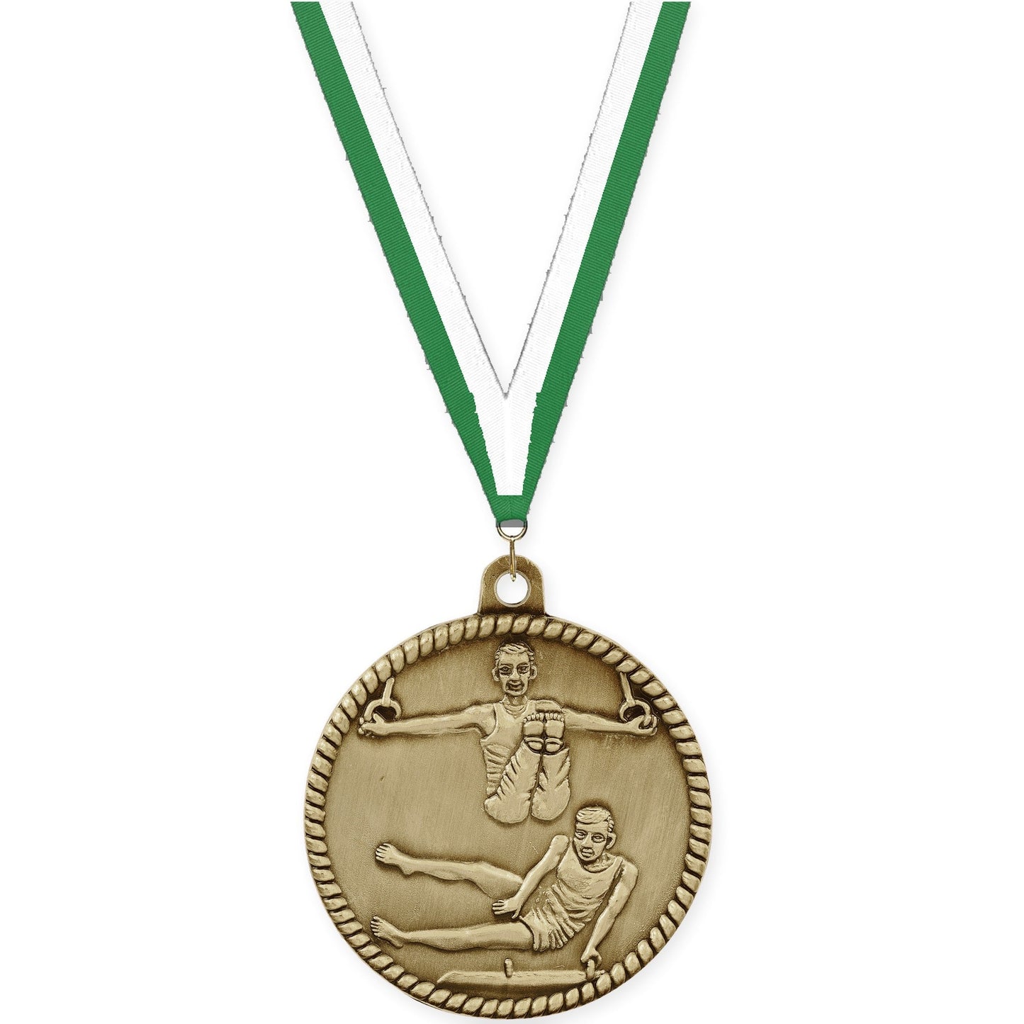 2 inch gymnastics High Relief medal in antique gold with Green White neck ribbon