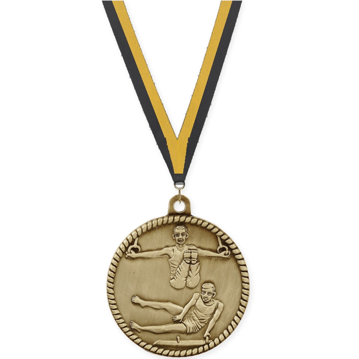 2 inch gymnastics High Relief medal in antique gold with Black Gold neck ribbon